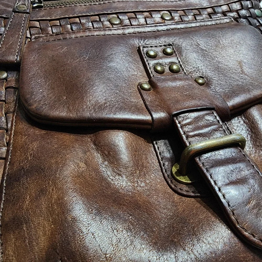 VTG Brown Woven Leather Crossbody‎ Bag Studded Boho Messenger Made in India READ